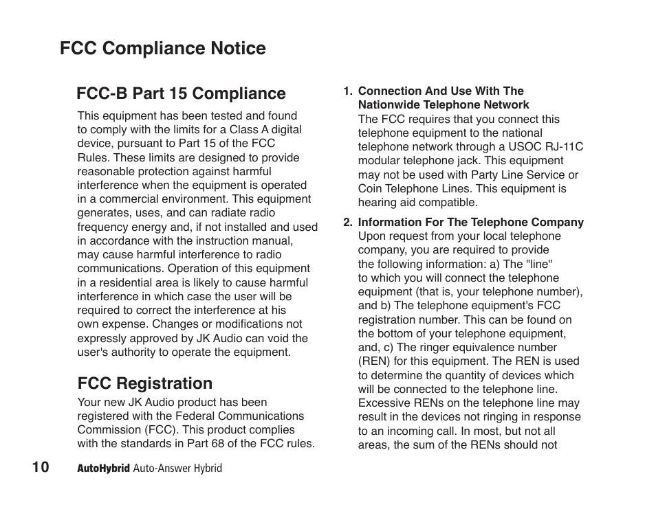 Fcc compliance notice, Fcc registration, Fcc-b part 15 compliance | JK Audio AutoHybrid User Manual | Page 14 / 16