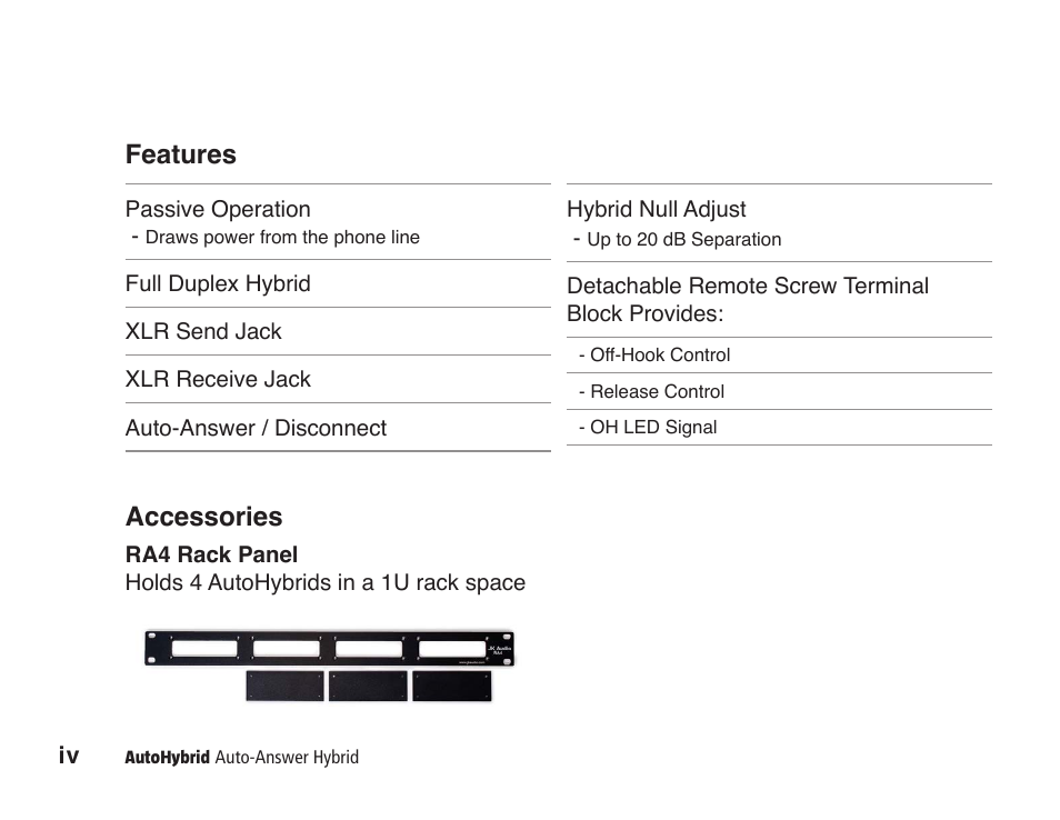 Accessories, Features | JK Audio AutoHybrid User Manual | Page 4 / 16