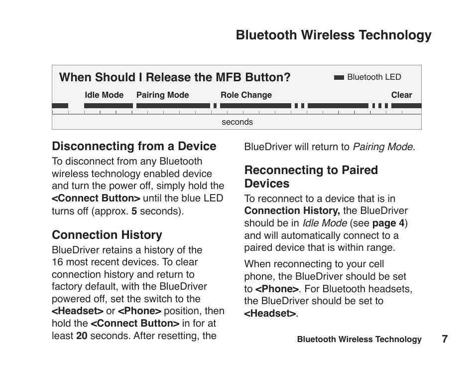 Bluetooth wireless technology, Reconnecting to paired devices, Disconnecting from a device | Connection history, When should i release the mfb button | JK Audio BlueDriver-F3 User Manual | Page 11 / 24