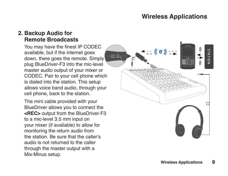 Backup audio for remote broadcasts, Wireless applications, Stat io n | JK Audio BlueDriver-F3 User Manual | Page 13 / 24