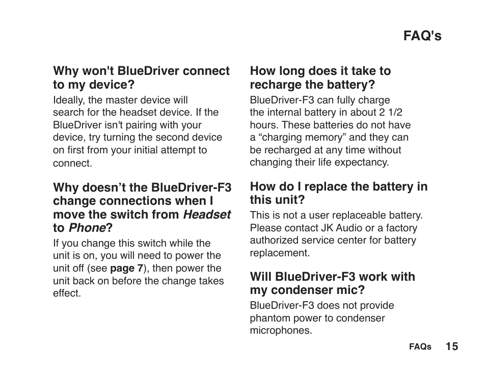 Faq's | JK Audio BlueDriver-F3 User Manual | Page 19 / 24