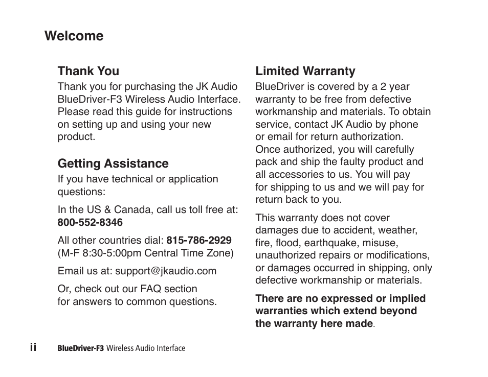 Welcome, Getting assistance, Limited warranty | JK Audio BlueDriver-F3 User Manual | Page 2 / 24