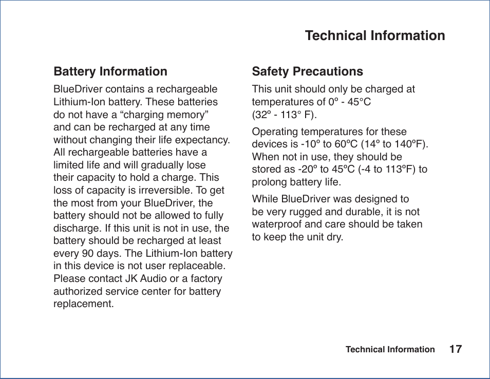 Technical information, Battery information, Safety precautions | JK Audio BlueDriver-F3 User Manual | Page 21 / 24