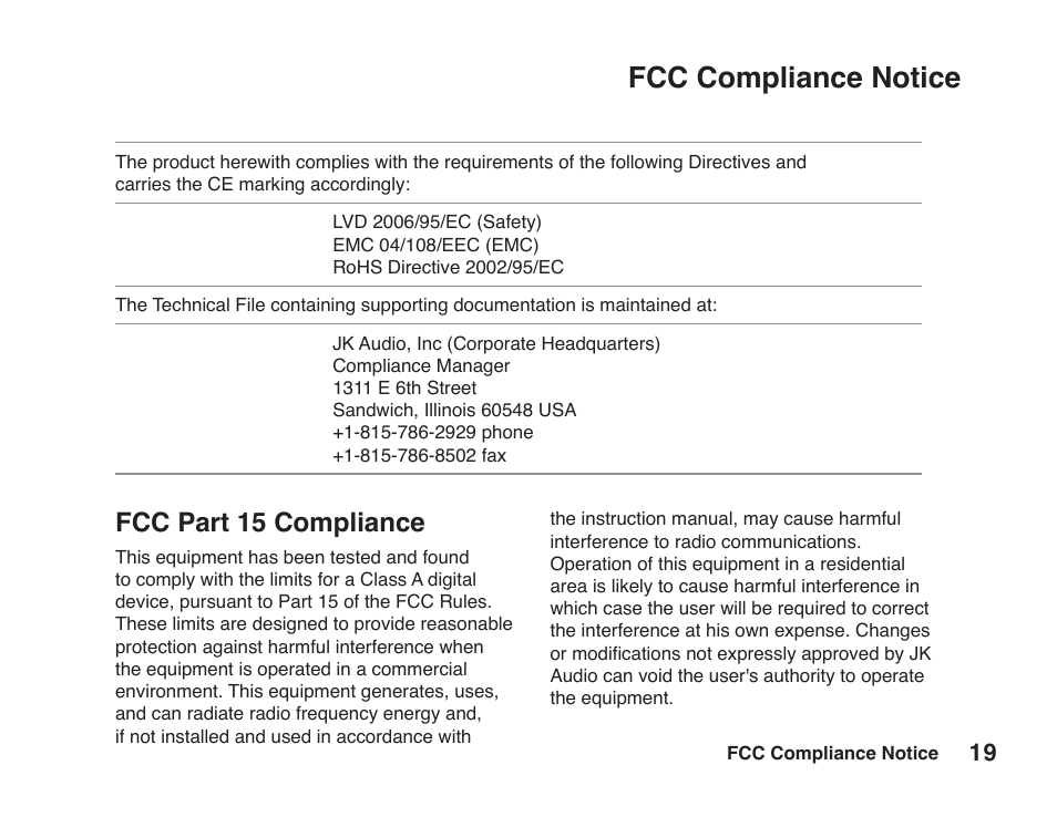 Fcc compliance notice, Fcc part 15 compliance | JK Audio BlueDriver-F3 User Manual | Page 23 / 24