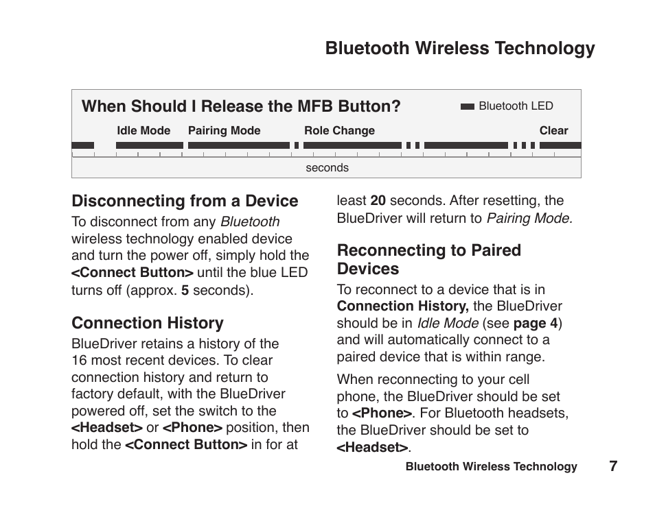 Bluetooth wireless technology, Reconnecting to paired devices, Disconnecting from a device | Connection history, When should i release the mfb button | JK Audio BlueDriver-M3 User Manual | Page 11 / 24