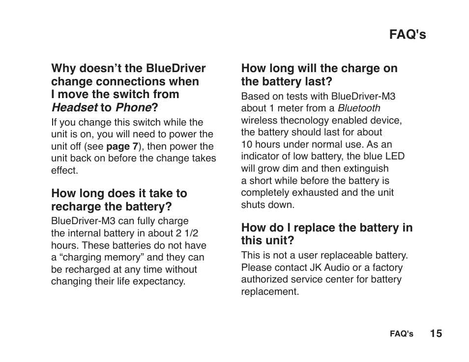 Faq's | JK Audio BlueDriver-M3 User Manual | Page 19 / 24