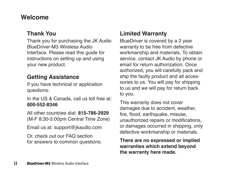 Welcome, Getting assistance, Limited warranty | JK Audio BlueDriver-M3 User Manual | Page 2 / 24