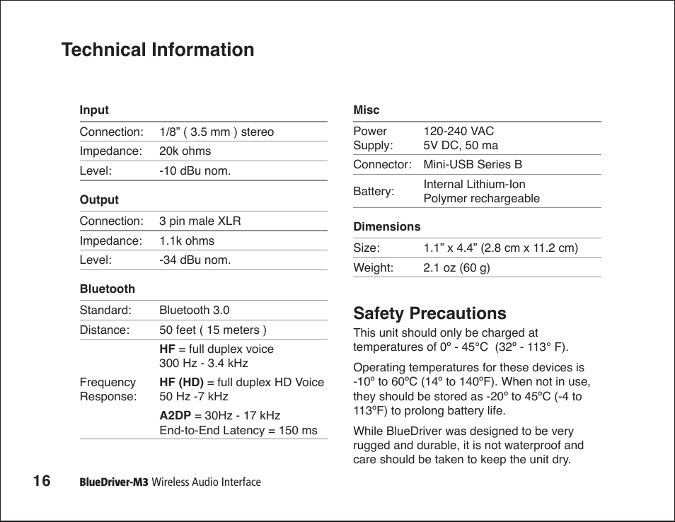 Technical information, Safety precautions | JK Audio BlueDriver-M3 User Manual | Page 20 / 24