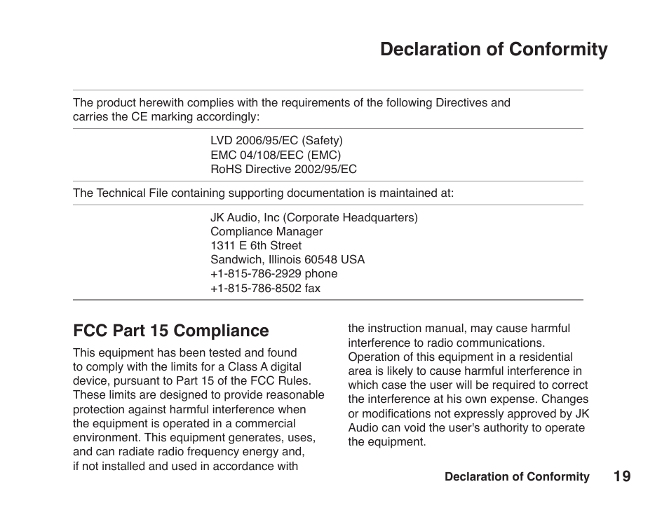 Declaration of conformity, Fcc part 15 compliance | JK Audio BlueDriver-M3 User Manual | Page 23 / 24