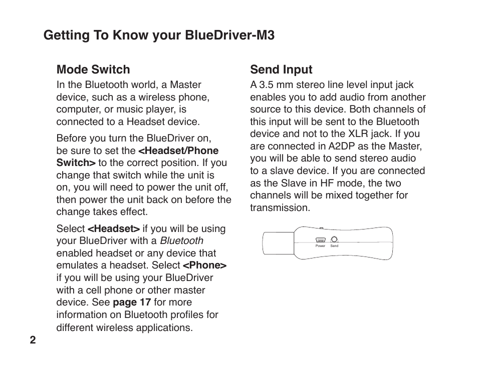 Getting to know your bluedriver-m3, Send input, Mode switch | JK Audio BlueDriver-M3 User Manual | Page 6 / 24