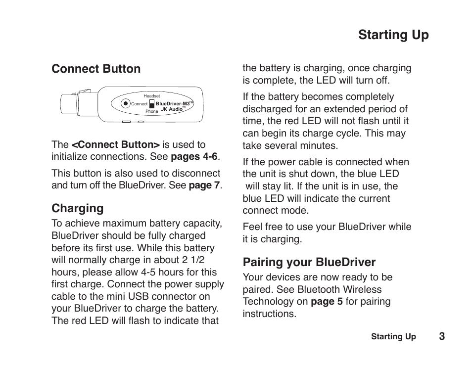 Starting up, Connect button, Charging | Pairing your bluedriver | JK Audio BlueDriver-M3 User Manual | Page 7 / 24