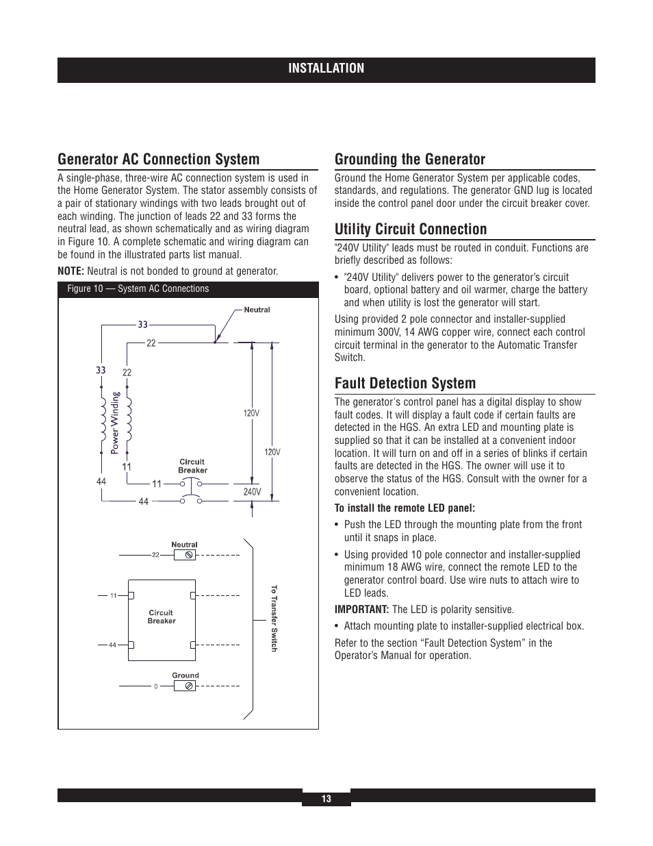 Grounding the generator, Control circuit connection, System control pane | System control panel, Generator ac connection system, Utility circuit connection, Fault detection system | Briggs & Stratton 40204 User Manual | Page 13 / 56