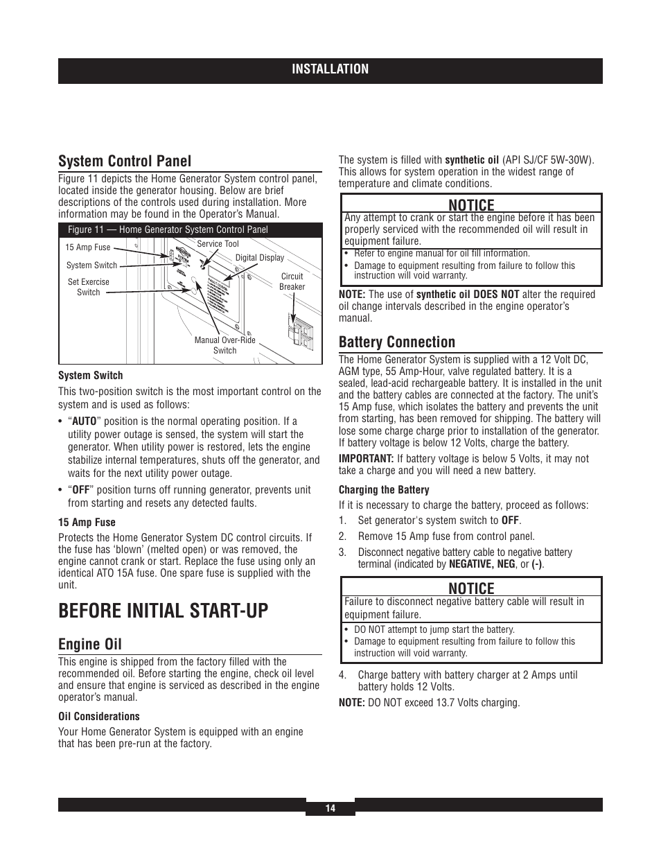 Engine oil, Battery connection, Fuel supply system | Initial start-up (no load, Initial start-up (no load), Before initial start-up, System control panel, Notice | Briggs & Stratton 40204 User Manual | Page 14 / 56