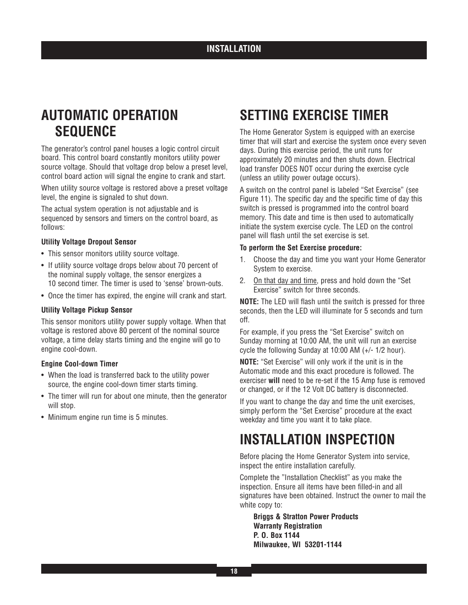 Fuel system selectio, Fuel system selection -16, Automatic operation sequence | Setting exercise timer, Installation inspection | Briggs & Stratton 40204 User Manual | Page 18 / 56