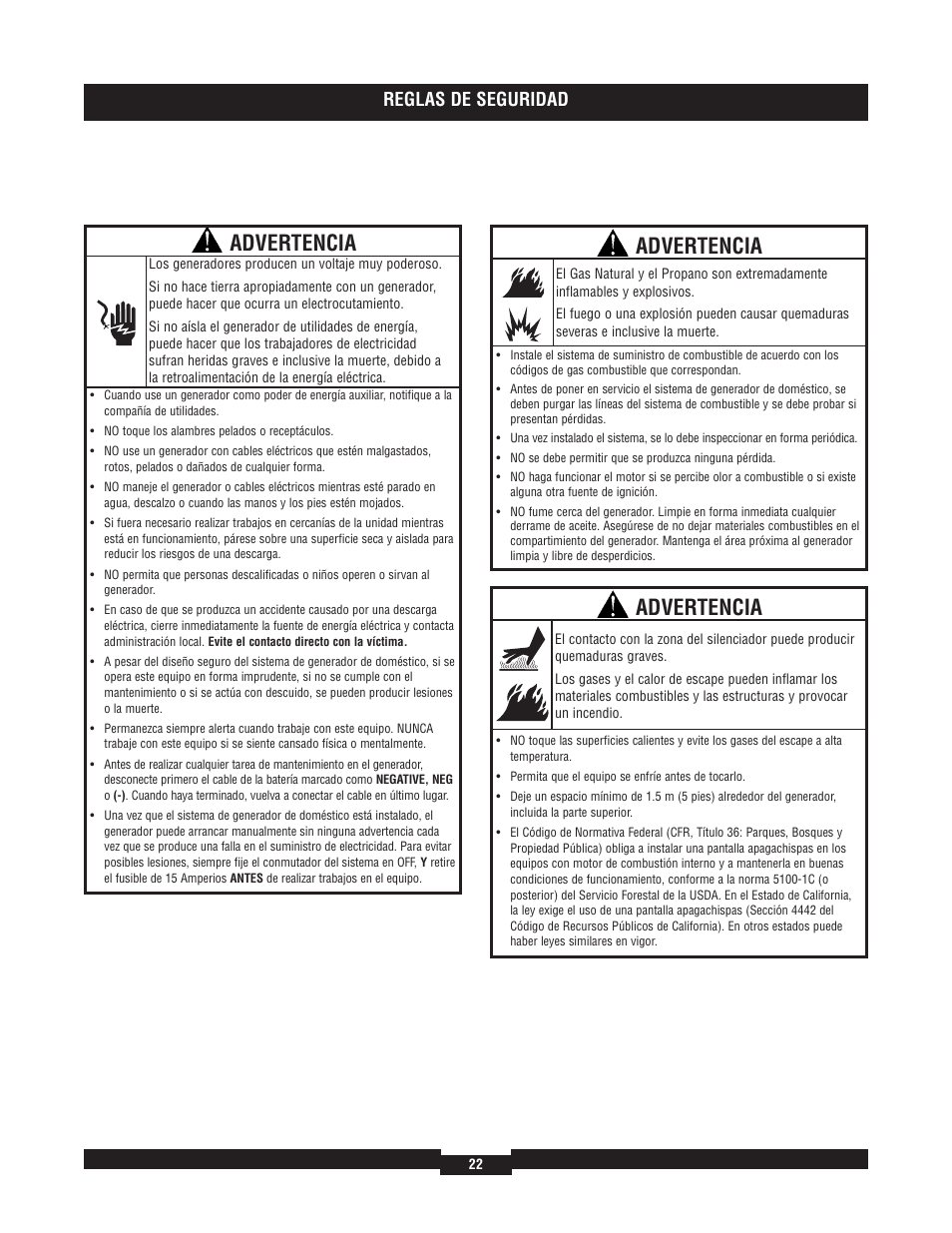 Advertencia, Reglas de seguridad | Briggs & Stratton 40204 User Manual | Page 22 / 56