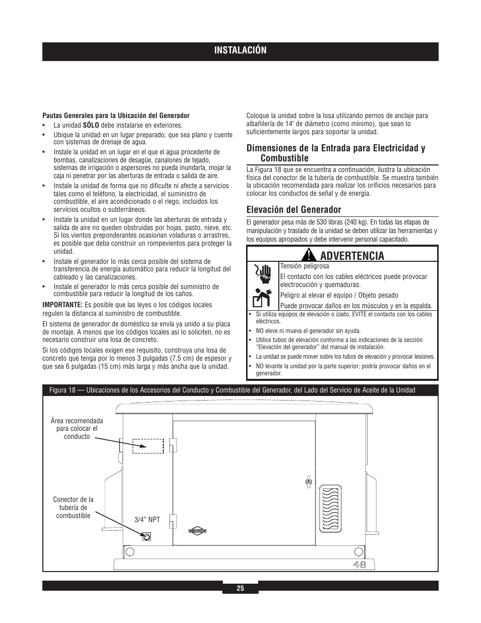 Advertencia, Instalación, Elevación del generador | Briggs & Stratton 40204 User Manual | Page 25 / 56