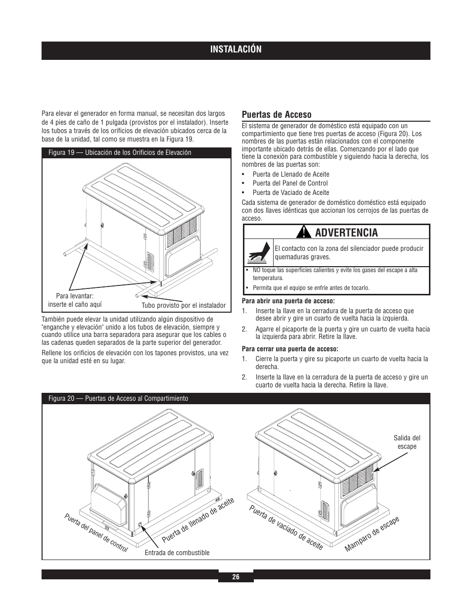 Advertencia, Instalación, Puertas de acceso | Briggs & Stratton 40204 User Manual | Page 26 / 56