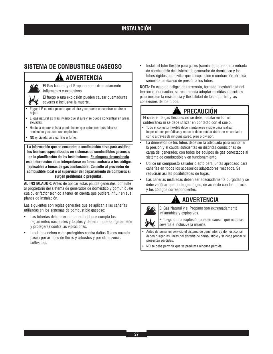 Sistema de combustible gaseoso, Precaución, Advertencia | Instalación | Briggs & Stratton 40204 User Manual | Page 27 / 56