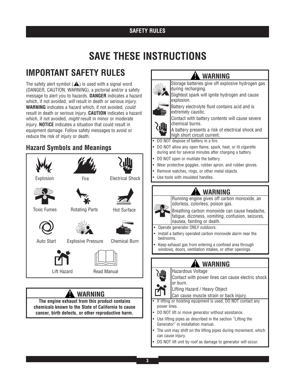 Safety rules, Save these instructions, Important safety rules | Hazard symbols and meanings, Warning | Briggs & Stratton 40204 User Manual | Page 3 / 56