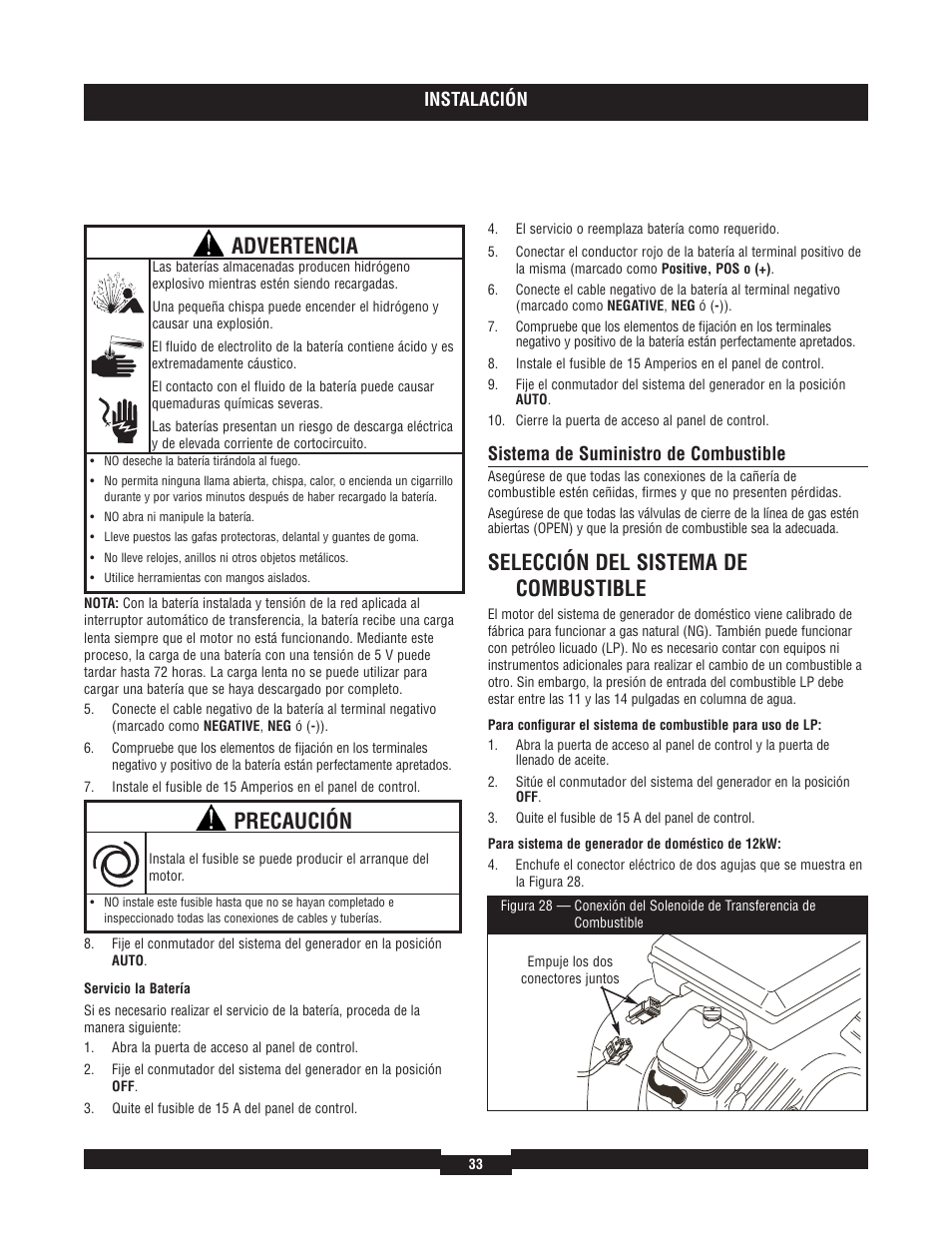 Selección del sistema de combustible, Advertencia, Precaución | Instalación, Sistema de suministro de combustible | Briggs & Stratton 40204 User Manual | Page 33 / 56