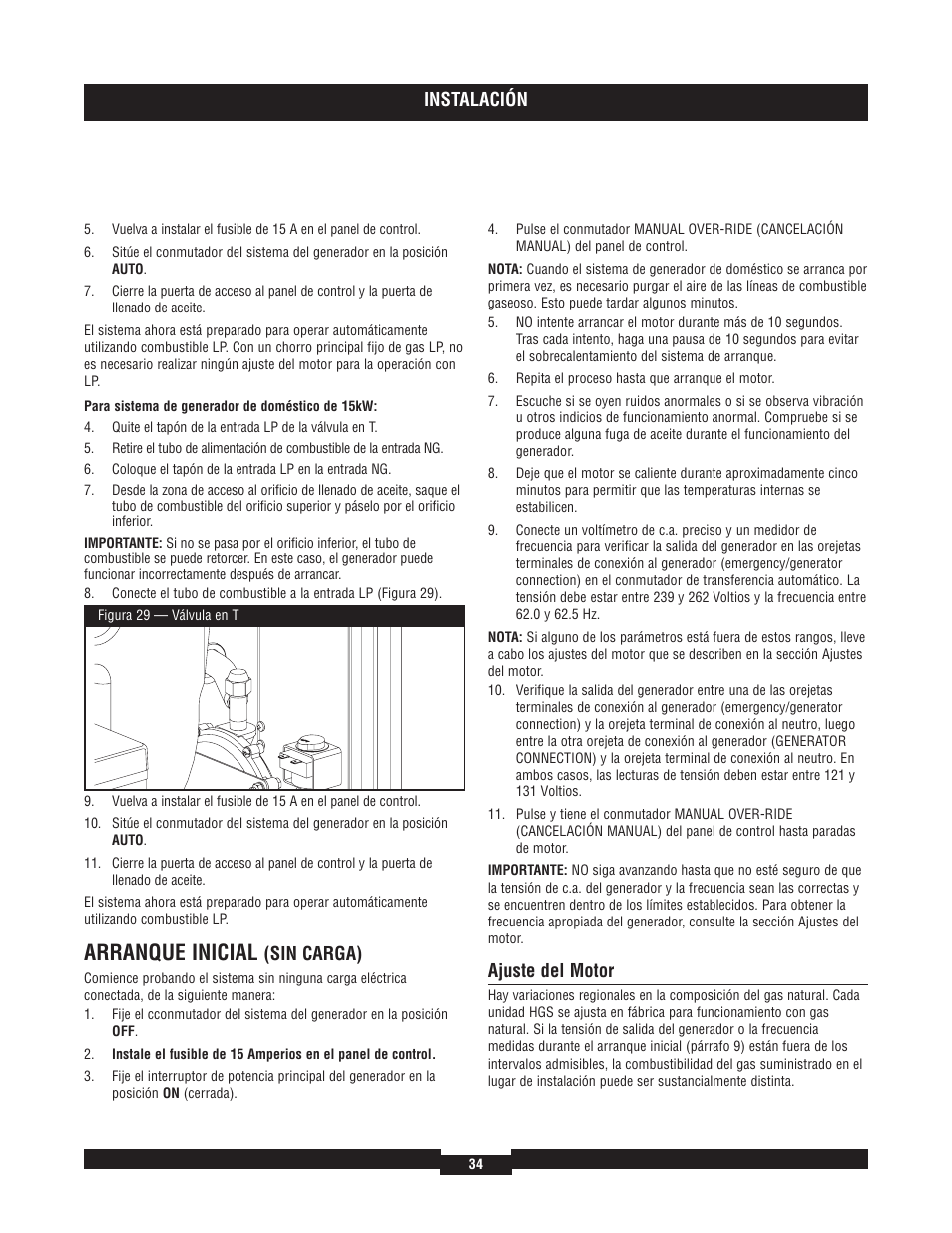 Arranque inicial, Instalación, Sin carga) | Ajuste del motor | Briggs & Stratton 40204 User Manual | Page 34 / 56