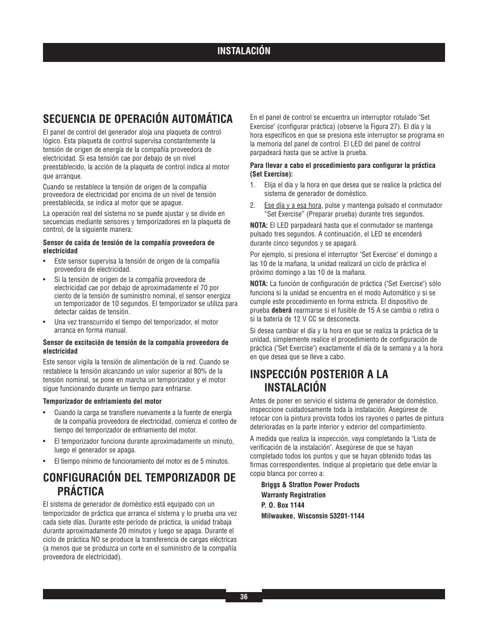 Secuencia de operación automática, Configuración del temporizador de práctica, Inspección posterior a la instalación | Briggs & Stratton 40204 User Manual | Page 36 / 56