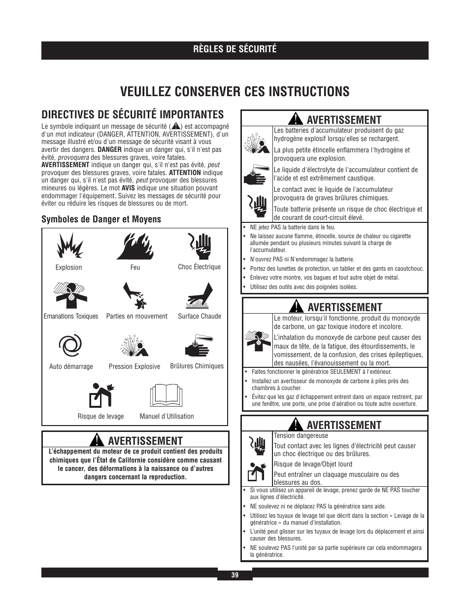 Veuillez conserver ces instructions, Directives de sécurité importantes, Avertissement | Règles de sécurité, Symboles de danger et moyens | Briggs & Stratton 40204 User Manual | Page 39 / 56