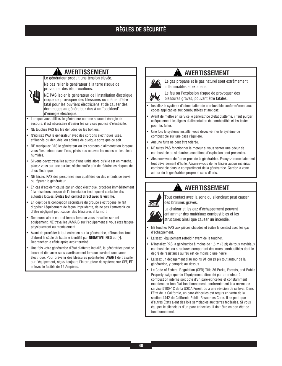 Avertissement, Règles de sécurité | Briggs & Stratton 40204 User Manual | Page 40 / 56