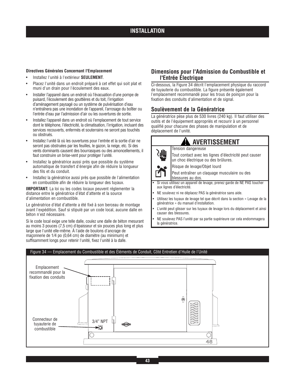 Avertissement, Installation, Soulèvement de la génératrice | Briggs & Stratton 40204 User Manual | Page 43 / 56