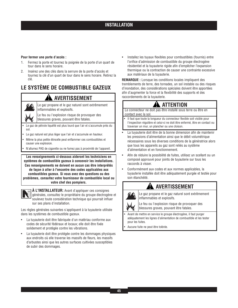 Le système de combustible gazeux, Avertissement, Attention | Installation | Briggs & Stratton 40204 User Manual | Page 45 / 56