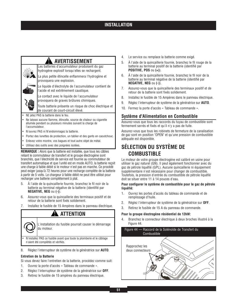 Sélection du système de combustible, Avertissement, Attention | Installation, Système d'alimentation en combustible | Briggs & Stratton 40204 User Manual | Page 51 / 56