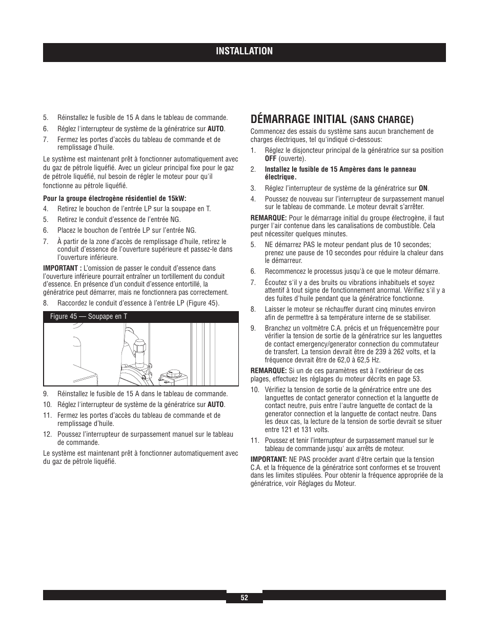 Démarrage initial, Installation, Sans charge) | Briggs & Stratton 40204 User Manual | Page 52 / 56