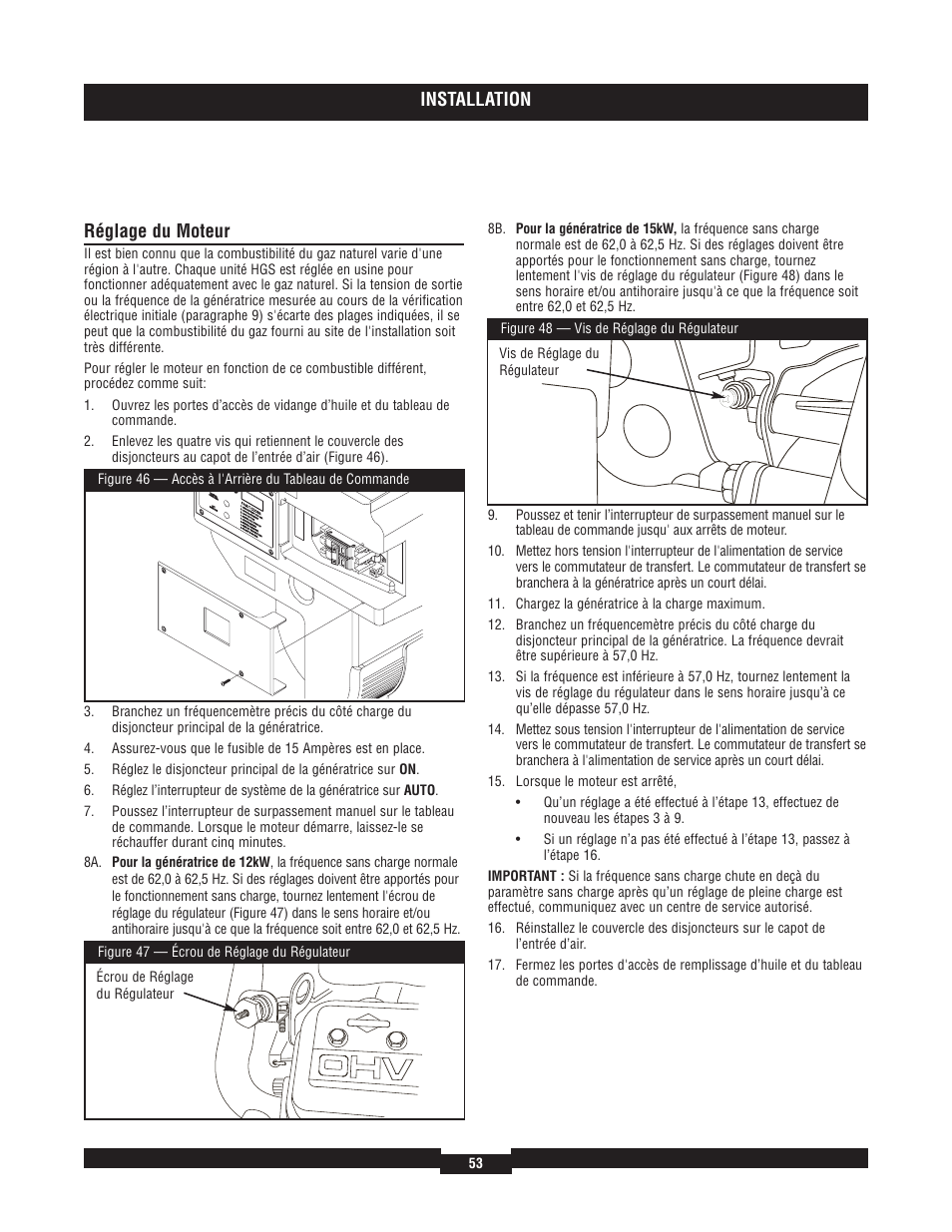 Installation, Réglage du moteur | Briggs & Stratton 40204 User Manual | Page 53 / 56