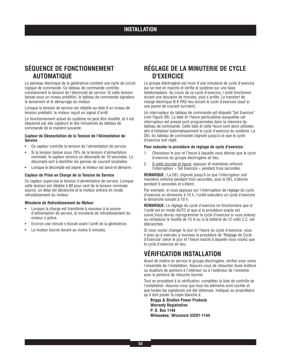 Séquence de fonctionnement automatique, Réglage de la minuterie de cycle d'exercice, Vérification installation | Briggs & Stratton 40204 User Manual | Page 54 / 56