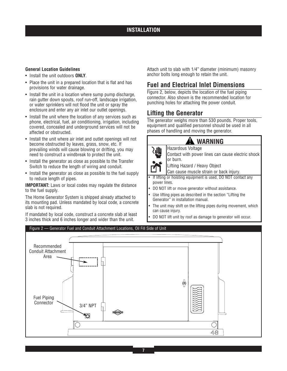 Fuel and electrical inlet dimensions, Lifting the generator, Warning | Briggs & Stratton 40204 User Manual | Page 7 / 56