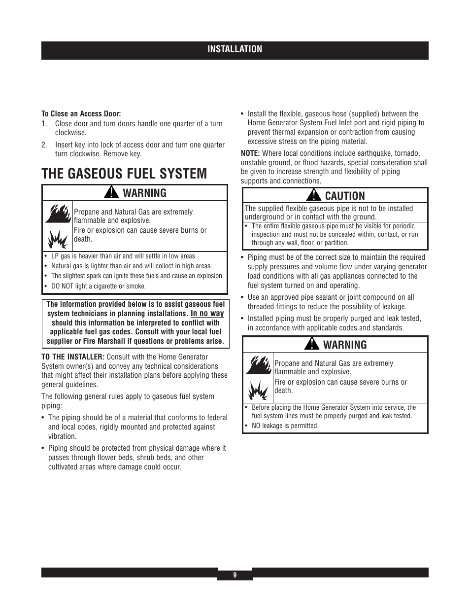 The gaseous fuel system, Warning, Caution | Briggs & Stratton 40204 User Manual | Page 9 / 56