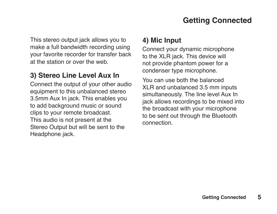 Getting connected, 4) mic input, 3) stereo line level aux in | JK Audio BluePack User Manual | Page 11 / 24