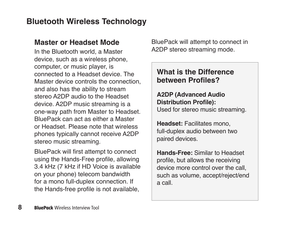 Bluetooth wireless technology, Master or headset mode, What is the difference between profiles | JK Audio BluePack User Manual | Page 14 / 24