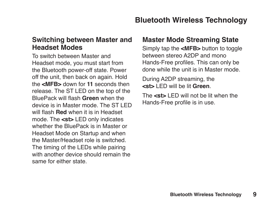 Bluetooth wireless technology, Master mode streaming state, Switching between master and headset modes | JK Audio BluePack User Manual | Page 15 / 24