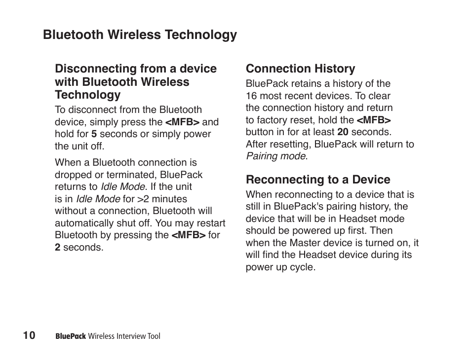 Bluetooth wireless technology, Connection history, Reconnecting to a device | JK Audio BluePack User Manual | Page 16 / 24