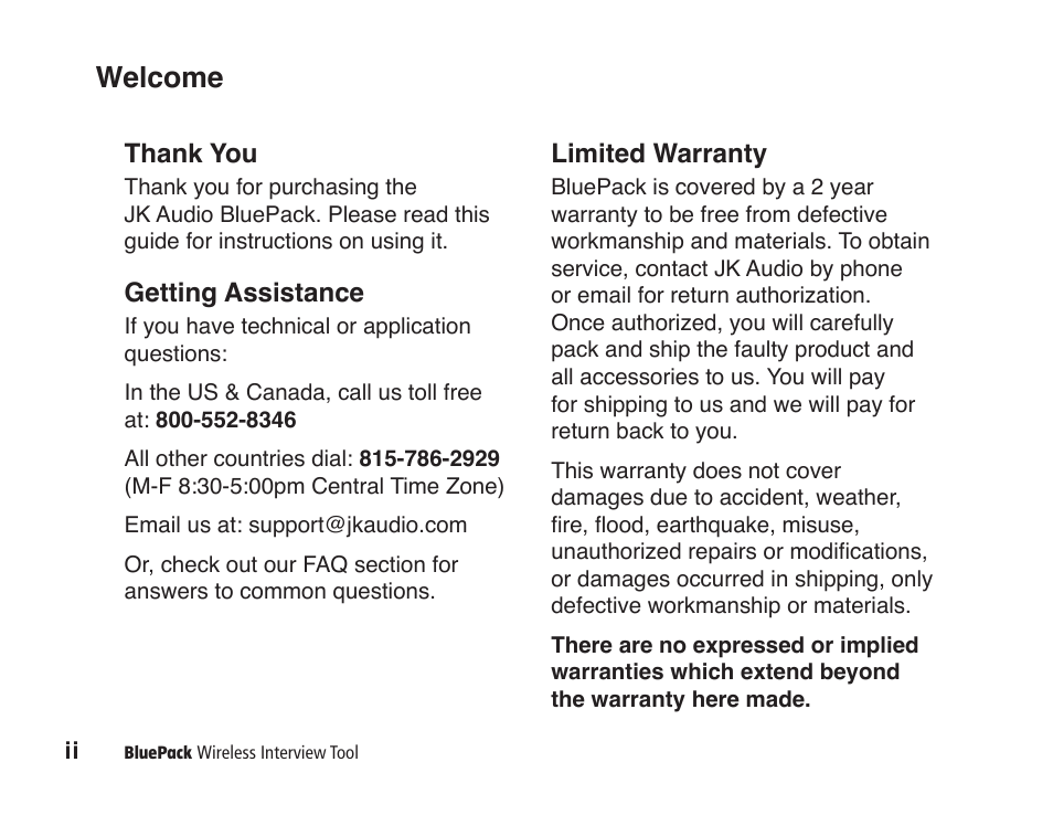 Welcome, Getting assistance, Limited warranty | JK Audio BluePack User Manual | Page 2 / 24