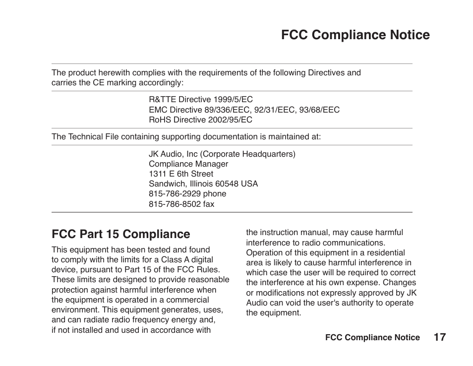 Fcc compliance notice, Fcc part 15 compliance | JK Audio BluePack User Manual | Page 23 / 24