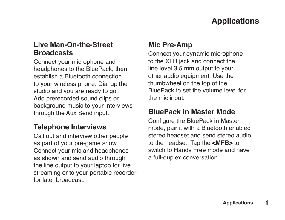 Applications | JK Audio BluePack User Manual | Page 7 / 24