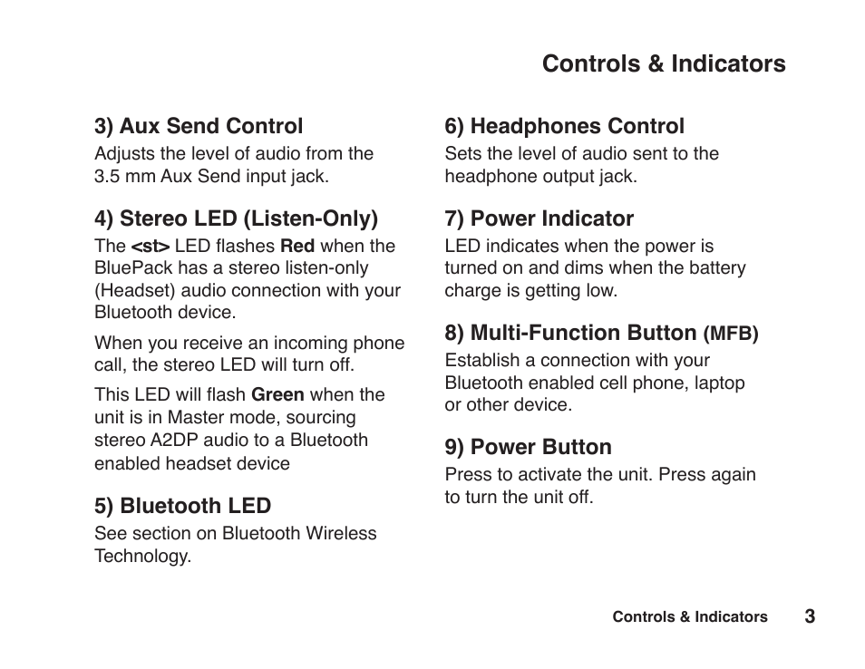 Controls & indicators | JK Audio BluePack User Manual | Page 9 / 24