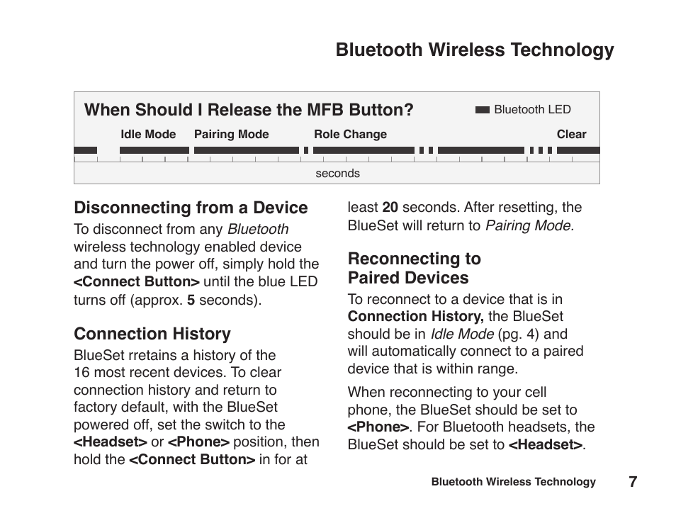 Bluetooth wireless technology, When should i release the mfb button, Reconnecting to paired devices | Disconnecting from a device, Connection history | JK Audio BlueSet User Manual | Page 11 / 20