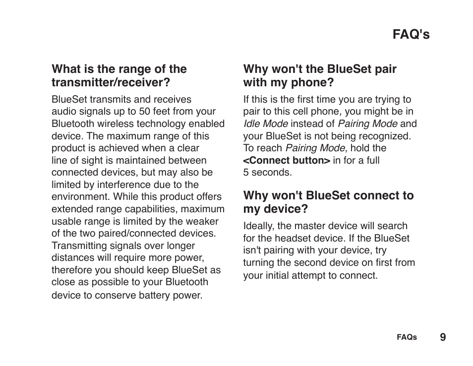 Faq's | JK Audio BlueSet User Manual | Page 13 / 20