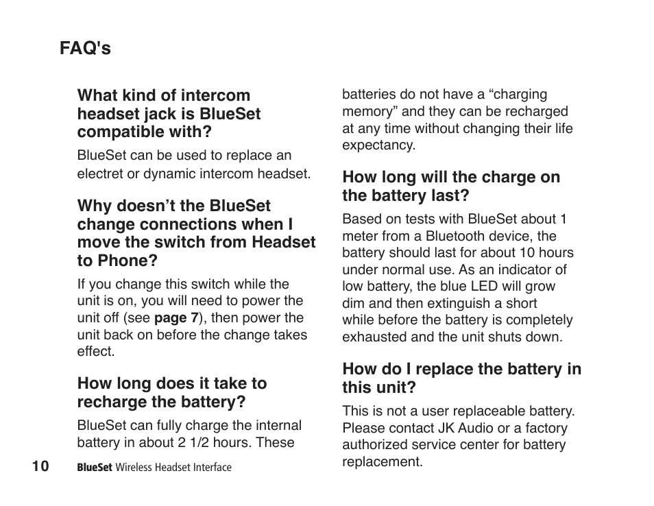 Faq's | JK Audio BlueSet User Manual | Page 14 / 20