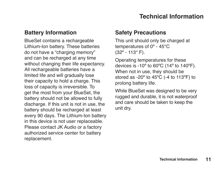 Technical information, Battery information, Safety precautions | JK Audio BlueSet User Manual | Page 15 / 20