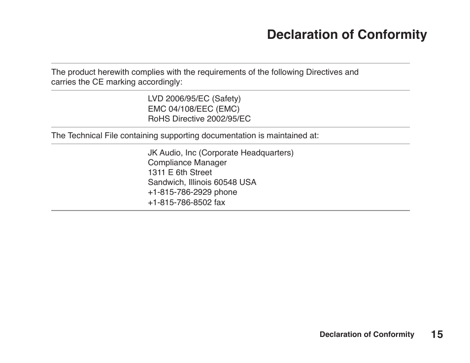 Declaration of conformity | JK Audio BlueSet User Manual | Page 19 / 20