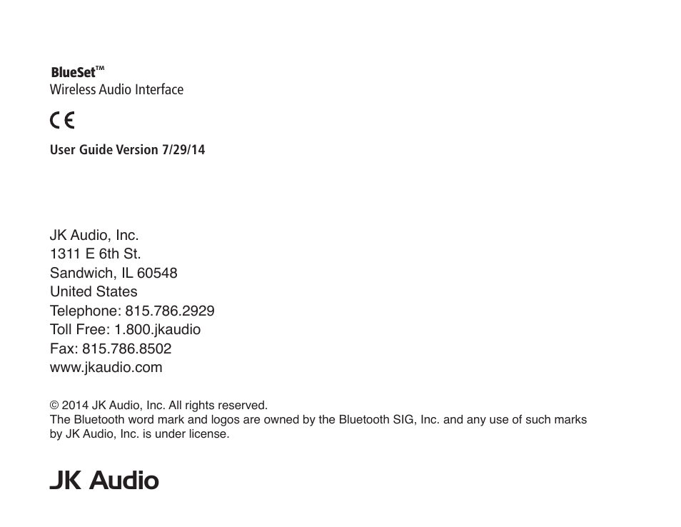 Jk audio | JK Audio BlueSet User Manual | Page 20 / 20